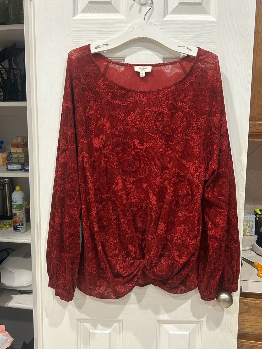 Umgee Red Paisley Twist-Front Long Sleeve Blouse